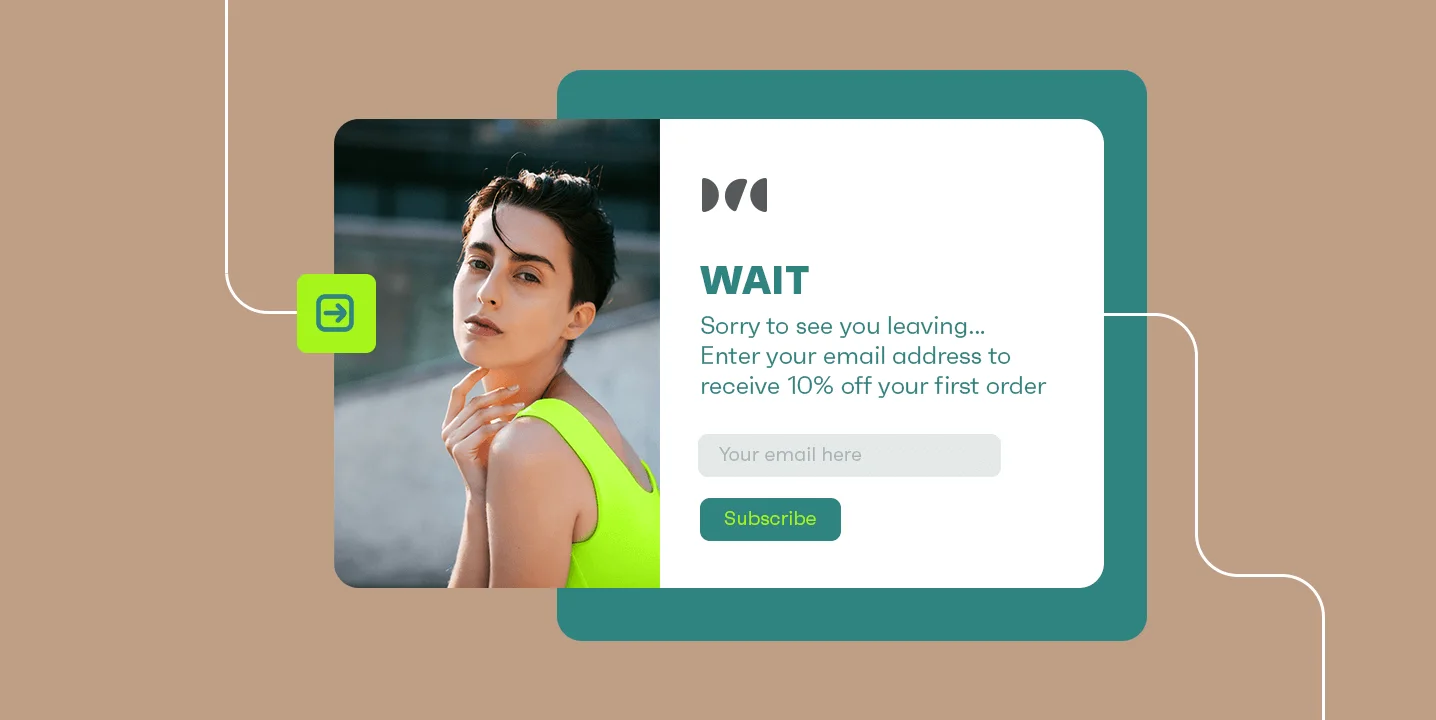 Email signup discount offer popup with person in green top.