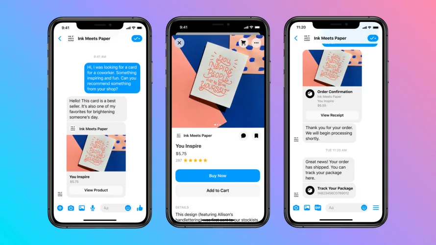 Three smartphones displaying a shopping app with a card purchase and messages.