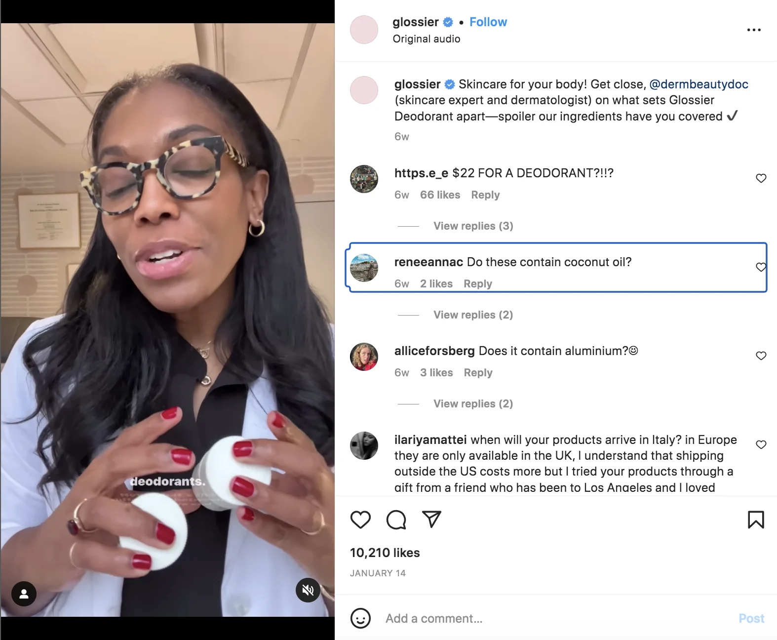Dermatologist holding deodorants, discussing ingredients in a video post.