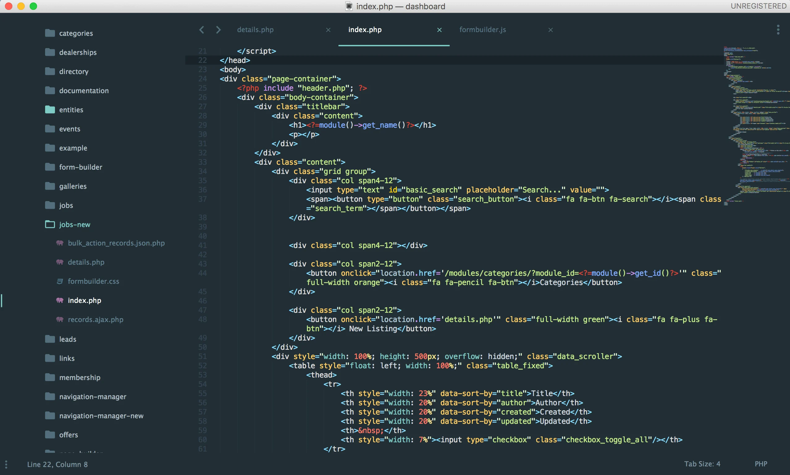 Screenshot of a PHP code editor showing a file hierarchy and open index.php file with syntax highlighting.