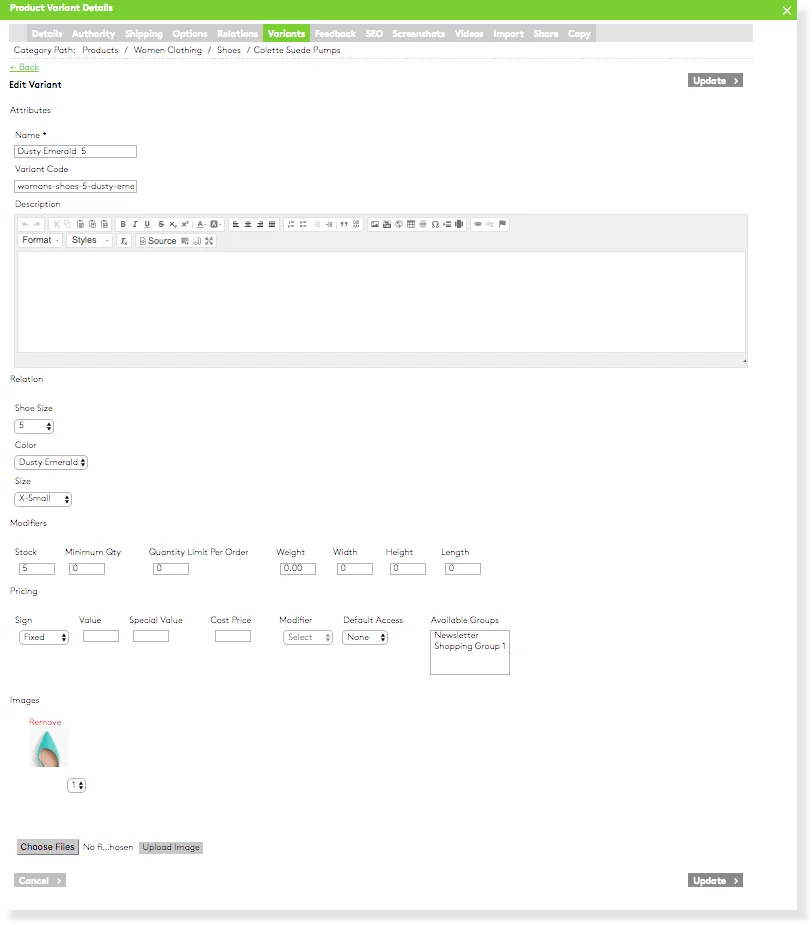 Product variant details page for dusty emerald shoes size 5.