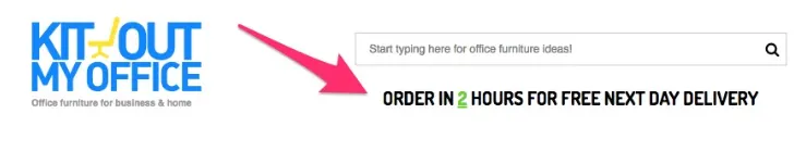 Kit Out My Office logo with free next day delivery offer and search bar.