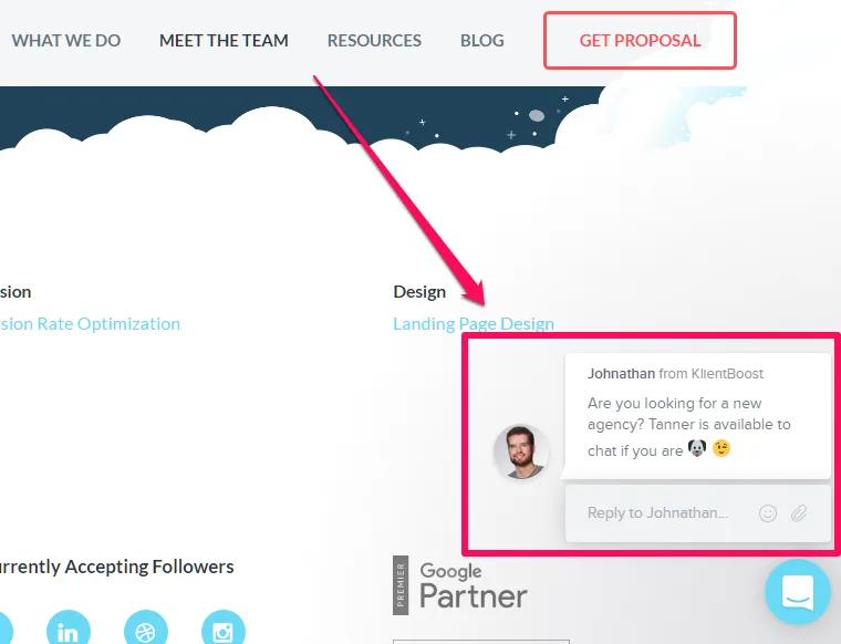Website with chat popup and landing page design CTA highlighted.