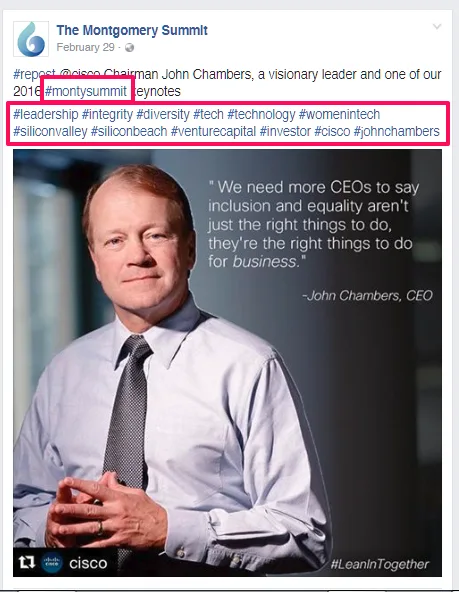 Business executive in suit with leadership quote at conference.