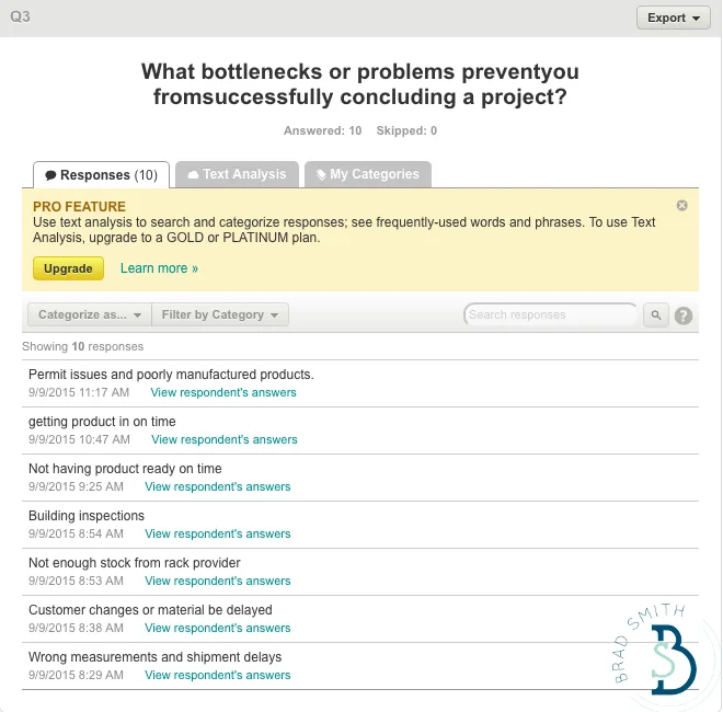 Survey results showing bottlenecks in project completion with responses and timestamps.
