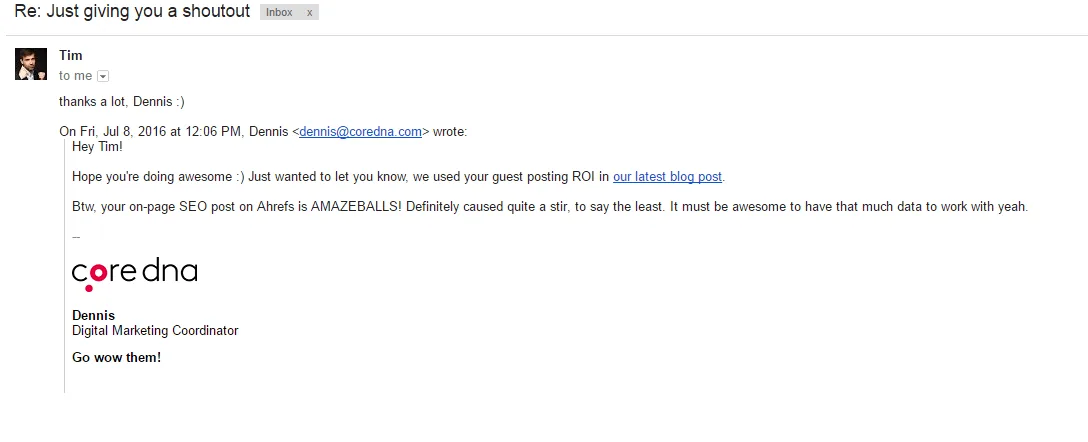 Email conversation showing feedback from a digital marketing coordinator.