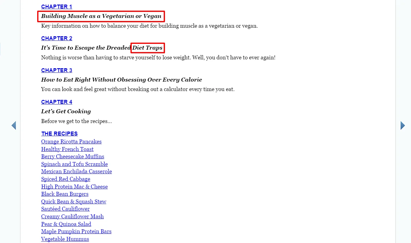 Table of contents of a vegetarian and vegan diet guide with chapters on muscle building and diet traps.
