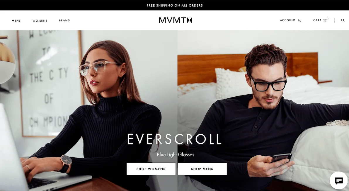 Woman and man wearing blue light glasses in an advertisement for Everscroll.