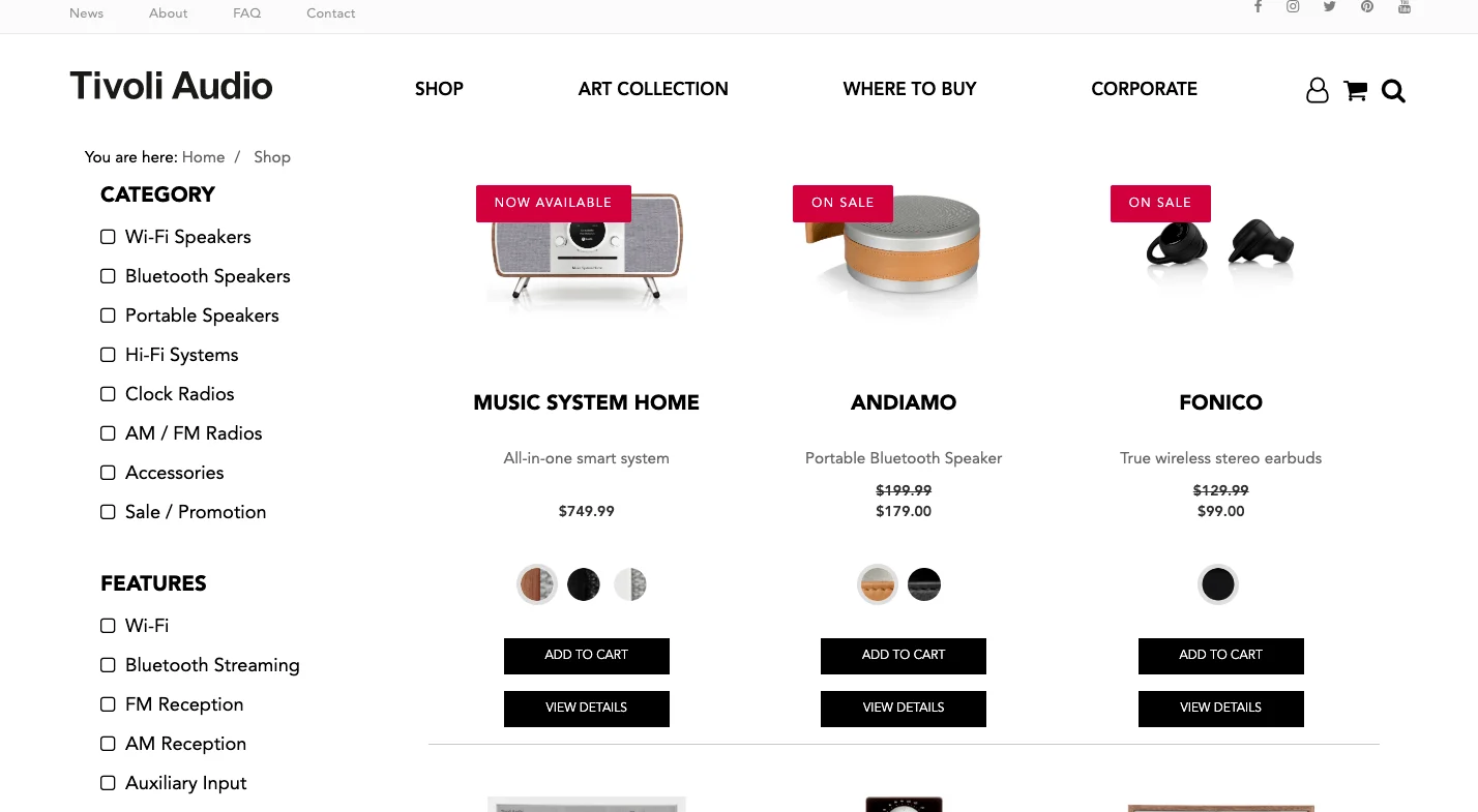 Tivoli Audio shop page featuring speakers and wireless earbuds on sale.