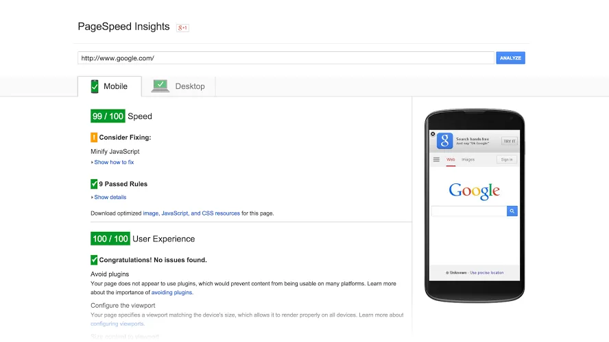 Google PageSpeed Insights showing desktop analysis results for google.com with high scores.