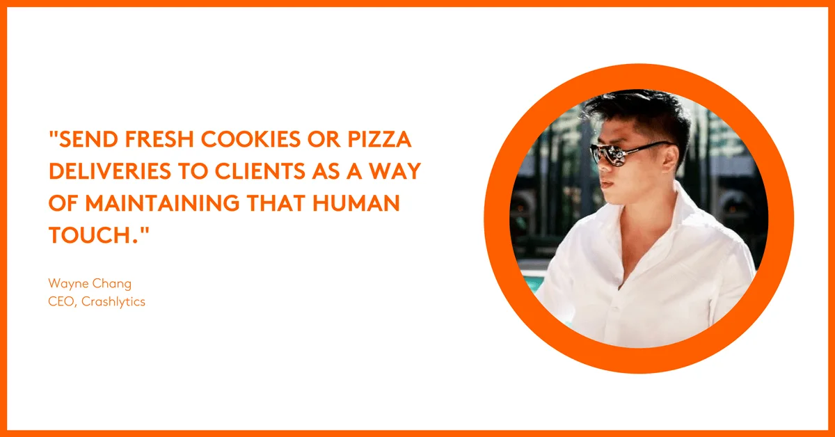 Quote about client relations and personal touch with image of a person in white shirt.