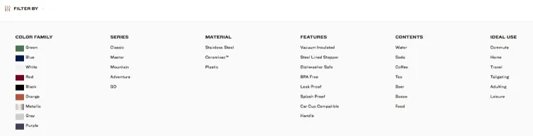 Product filter options including color, series, material, features, contents, and ideal use.