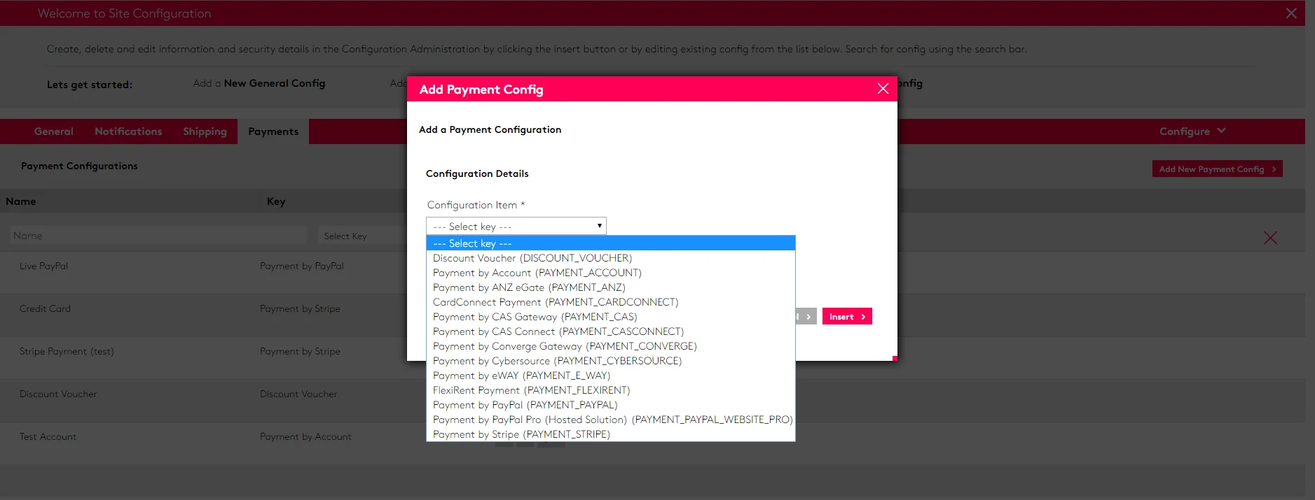 Add payment configuration screen with dropdown options in web application.