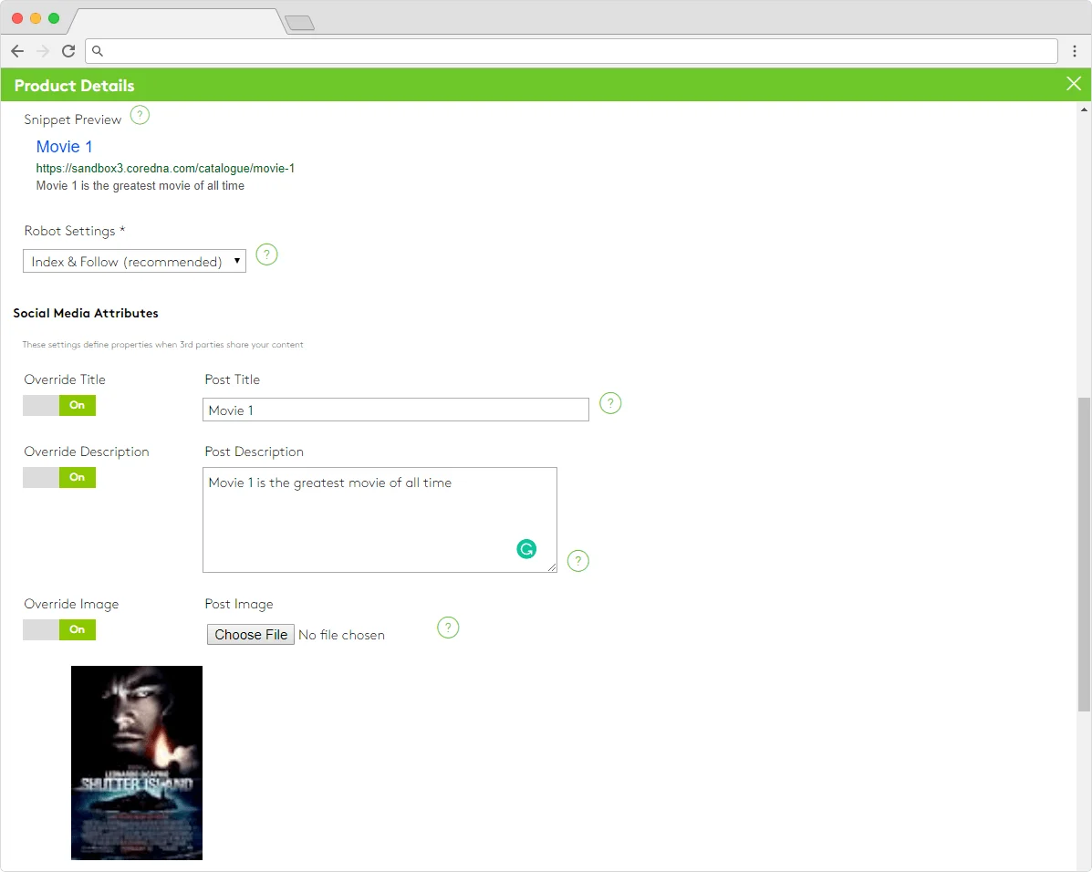 Product details page showing snippet preview for Movie 1 with SEO settings.