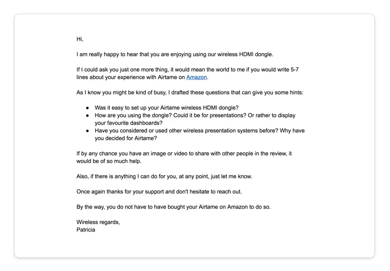 Customer feedback request email for Airtame wireless HDMI dongle with Amazon review suggestion.