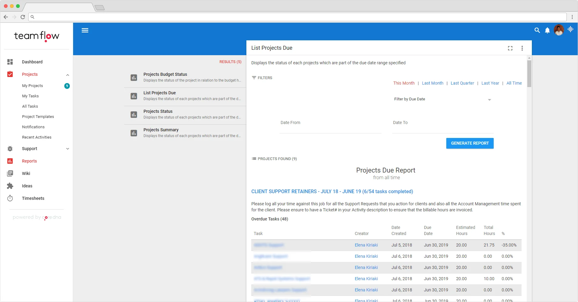 Project management dashboard showing projects due report and filters.