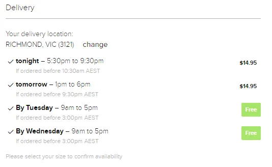 Delivery options for Richmond VIC showing times and costs for tonight, tomorrow, and upcoming days.