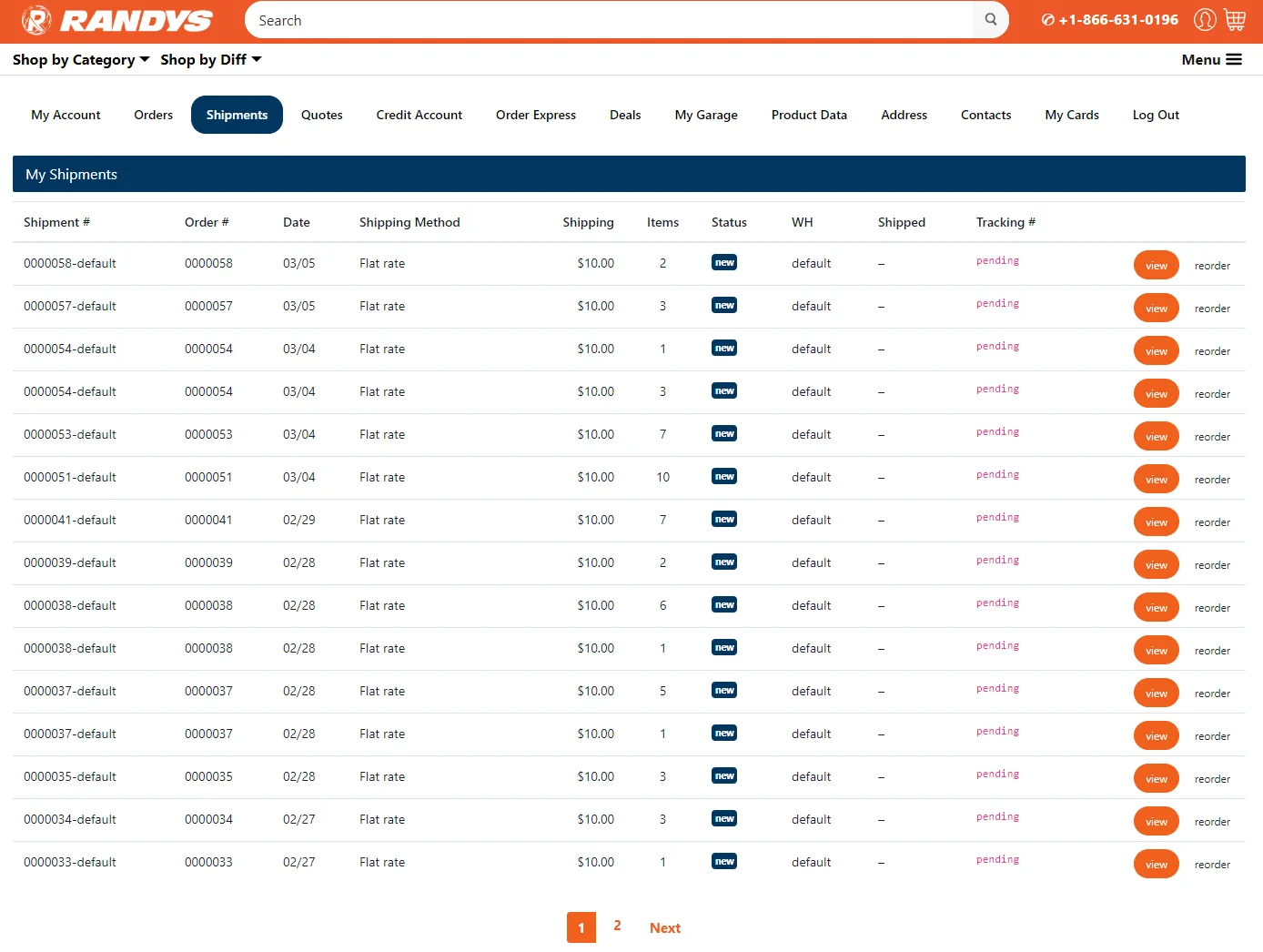 Screenshot of Randys website showing shipments overview with details like order number and status.