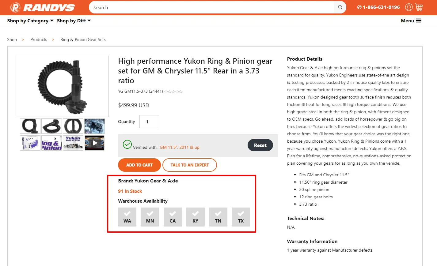 Yukon ring and pinion gear set for GM and Chrysler with 11.5 inch rear and 3.73 ratio shown on product page.