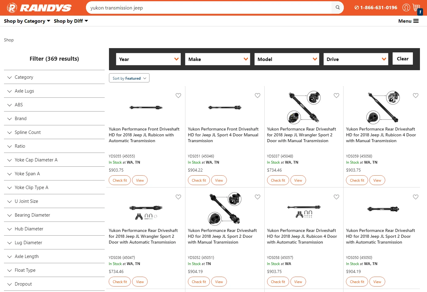 Online store page displaying Yukon Performance driveshafts for Jeep JL models with various options.