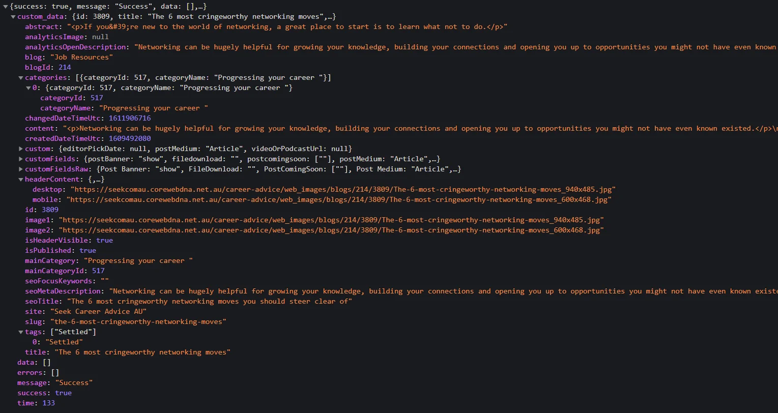 Screenshot of JSON data structure for a networking article example.