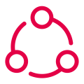 Red circular network icon with three connected circles on a black background.