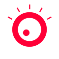 Red eye icon on a white background with stylized rays