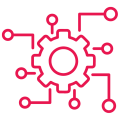 Red gear icon with network connections on white background