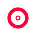 Red circular logo featuring a central gear icon on a white background.