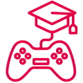 Red outline icon of a graduation cap connected to a game controller