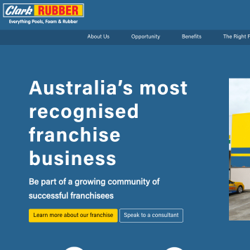 Clark Rubber franchise business opportunity in Australia with call to action buttons.