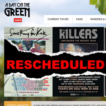 Concert tour poster for Something for Kate and The Killers with rescheduled notice.