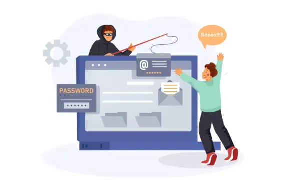 Illustration of a hacker phishing for passwords with a distressed person.