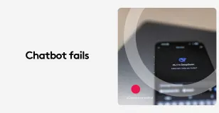 Smartphone displaying chatbot interface with text 'Hi, I'm DeepSeek' next to words 'Chatbot fails'. E-commerce context.