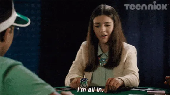 Teen girl confidently playing poker, pushing chips forward, saying I'm all in