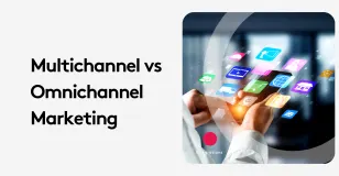 Hands holding smartphone with multichannel vs omnichannel marketing concept icons.
