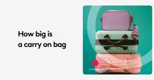 Stack of purple, green, and pink carry-on bags with text 'How big is a carry on bag'.