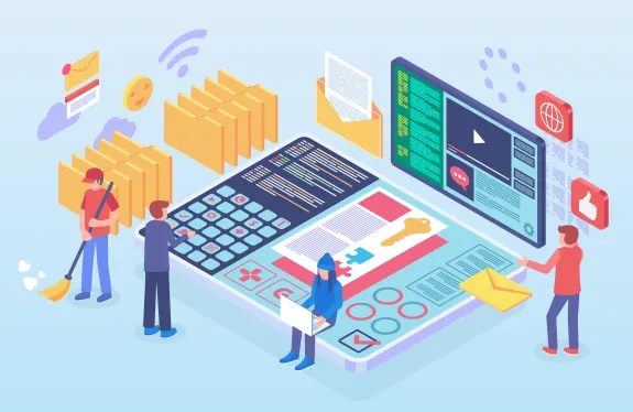 Illustration of people interacting with digital devices and files in a workplace setting.