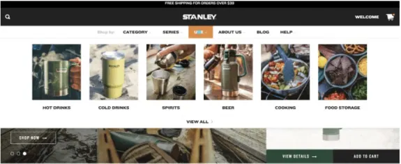 Stanley product categories including hot drinks, cold drinks, spirits, beer, cooking, and food storage.