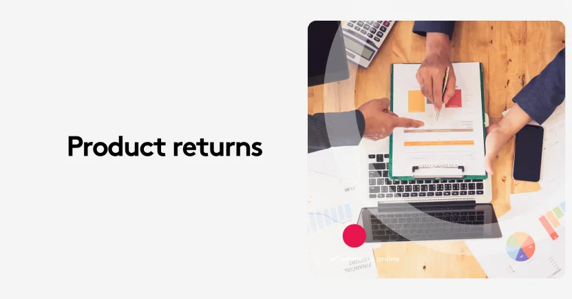 Two people discussing product returns over a laptop and documents on a wooden table.