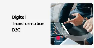 Person pointing at tablet displaying digital transformation data charts for D2C.