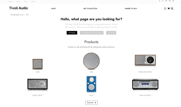 Tivoli Audio 404 error page with product images and navigation options.