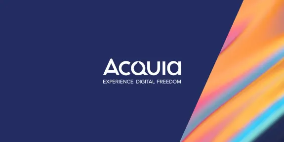 Acquia logo with text 'Experience Digital Freedom' on colorful abstract background
