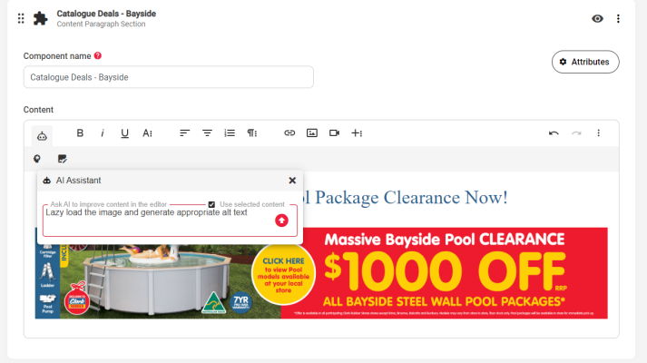 Bayside pool clearance advertisement offering $1000 off steel wall pool packages.