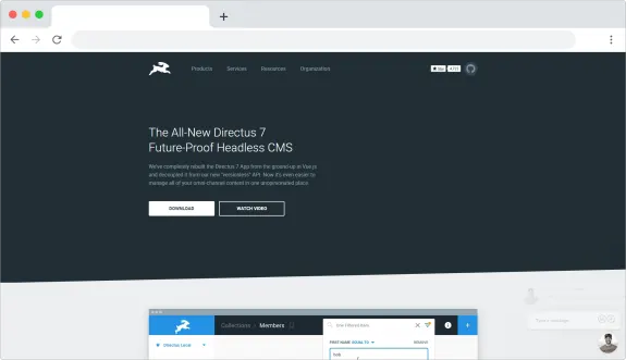 Directus 7 headless CMS website interface with download and watch video options.