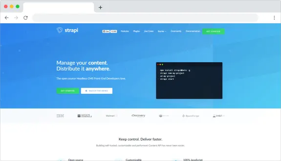Screenshot of Strapi homepage featuring CMS setup guide and branding.