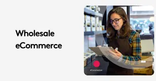 Woman in apron using tablet in wholesale store eCommerce setup