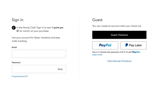 Sign in and guest checkout options with PayPal and Pay Later buttons.