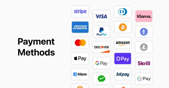 Grid of various payment method logos including credit cards, cryptocurrencies, and digital wallets.