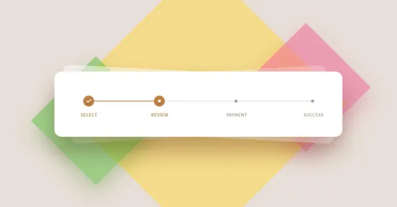 Checkout progress bar showing steps: select, review, payment, success